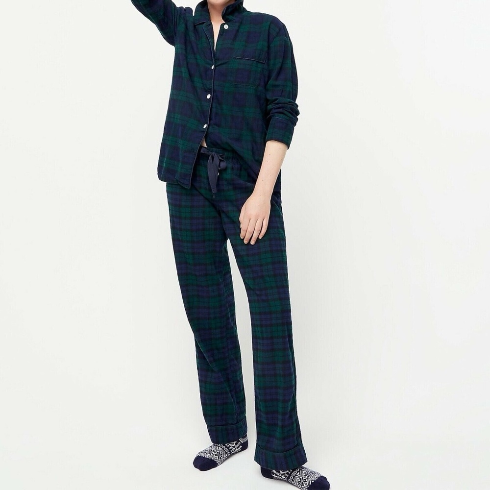 NWT J Crew $110 Black Watch Tartan Flannel Pajama Set XS